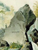 Picture (cropped from a watercolour) of a rock inscribed with his name